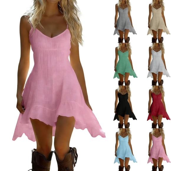 YFNNUP Women Summer Dress Ruffle Hem Sleeveless Dresses Lightweight Spaghetti Strap Sundress Casual Flowy Vacation Sundresses Pink XXL