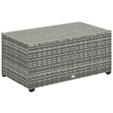Outsunny Wicker Outdoor Coffee Table, Glass Top Patio Table, Light Grey