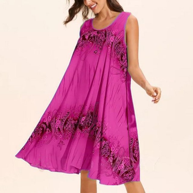 HKEJIAOI Liquidation d'Économies Robes Décontractées pour Femmes Cadeau de la Saint-Valentin Mode d'Été pour Femmes Décontractée Robe Midi à Col Rond Sans Manches à Fleurs Robe de Plage Ample Robe d'Été Violette