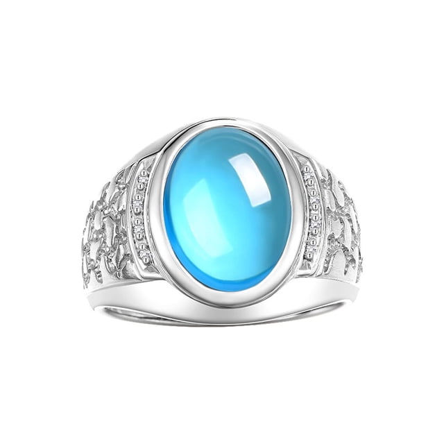 RYLOS Men's Rings 14K White Gold Nugget Ring with Cabochon Gemstone & Diamonds Blue Topaz Rings For Men Size 13