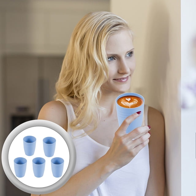 Dvkptbk Plastic Cups Reusable, a set of 5 multicolor plastic tumblers designed for kitchen, office, and travel use. The image shows a person holding a blue plastic cup with a latte art design, while an inset displays all five stackable cups in blue. These dishwasher-safe cups are lightweight, durable, and suitable for various beverages like water, milk, and juice.