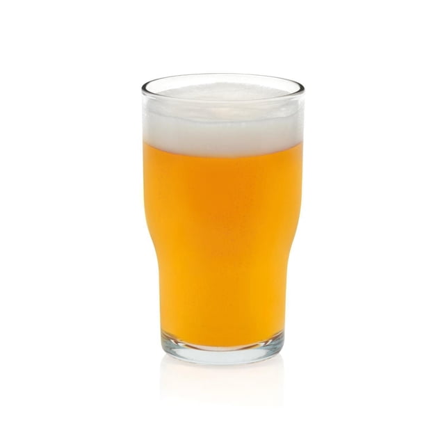 Pub Glass 16-ounce clear glass with classic pint shape and slight curve, filled with amber beer and white foam, designed for beer glassware and home bar use, also suitable for serving craft beers and ales.