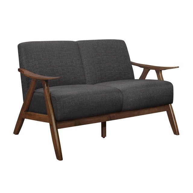Topline Home Furnishings Dark Grey Loveseat with walnut-finished solid rubber wood frame and dark grey polyester fabric cushions featuring attached back and seat with pocket coil and foam padding, 44-inch seat width, 21.5-inch depth, 18-inch seat height, 25-inch arm height, supports 300 lbs, front angled view on white background, ideal for modern living rooms and compact spaces.