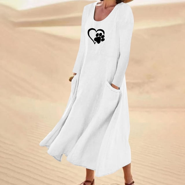 Meichang Robes Maxi en Coton et Lin pour Femmes Grande Taille à Manches Longues à Encolure Dégagée Imprimé Patte de Chien Cœur Robes Évasées Décontractées d'Été avec Poches Blanc TTG