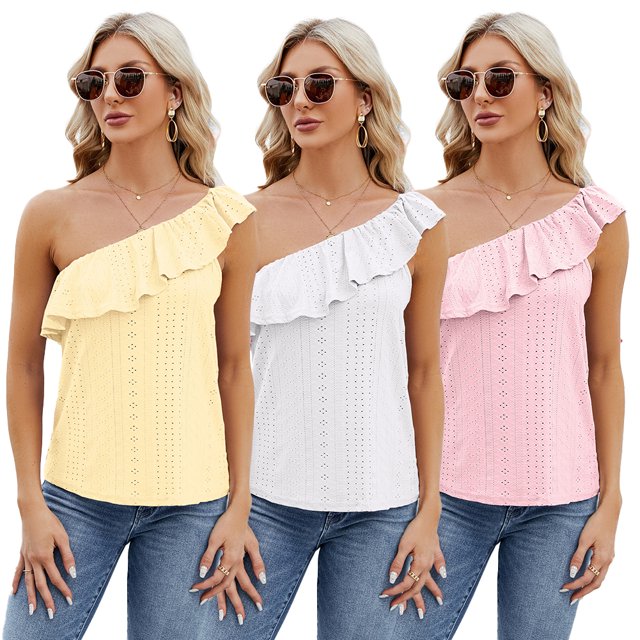 Zoeecloth Womens Tops Sleeveless Solid Color Round Neck Button Vest Tees Shirts Summer Casual Ruffled One Shoulder Vest Fashion Button Vest S-XXL