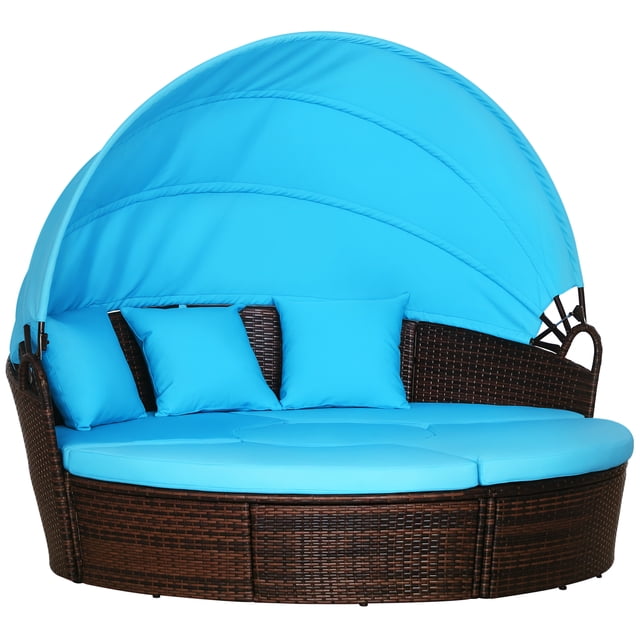 Outsunny Chaise Longue de Patio avec Canapé-Lit Rond Coussiné - Ensemble de 4, Bleu. Cet Ensemble de Meubles d'Extérieur Présente un Cadre en Rotin Brun avec des Coussins Bleu Pâle et un Auvent Rétractable pour l'Ombre. l'Ensemble Comprend des Pieds Ajustables pour la Stabilité sur les surfaces Irrégulières et Peut Être Configuré comme un Grand Lit de Jour Ou un Siège Séparé. les Coussins Sont Faits de polyester Résistant à l'Eau avec des Housses Lavables. Dimensions : 68.9 Pouces de large par 70.9 Pouces de Profond par 57.9 Pouces de Haut.