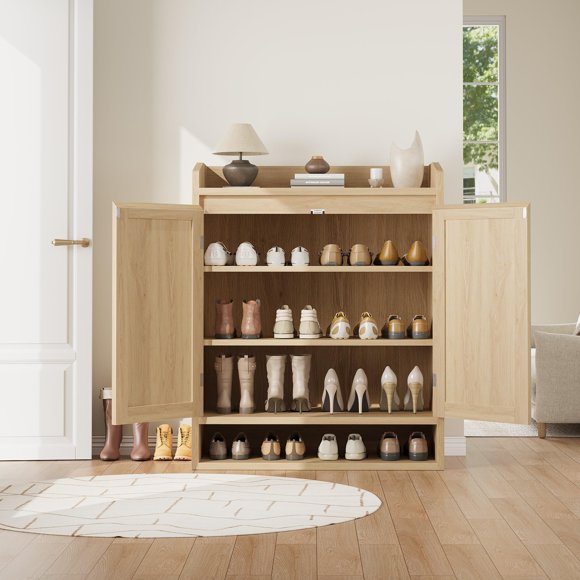 Gaderth Modern Boho Rattan Shoe Cabinet, Wooden Shoe Storage Organizer with Adjustable Shelves and Closed Doors, Entryway Shoe Rack Cabinet for Hallway Living Room, Fits 24 to 28 Pairs