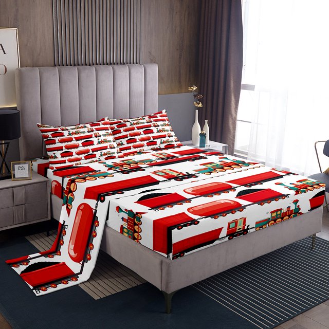 Erosebridal Red Truck Sheet Set Full, Railway Train Bedding Sets Full Size, Transportation Decor 4pcs