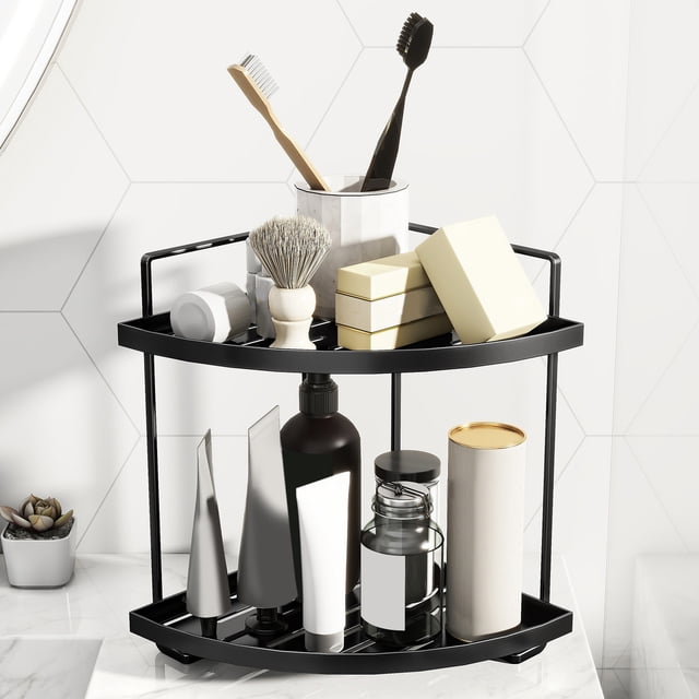 Taotanxi 2 Tier Metal Bathroom Counter Organizer, Corner Makeup Organizer, Countertop Shelf for Small Space (Black)