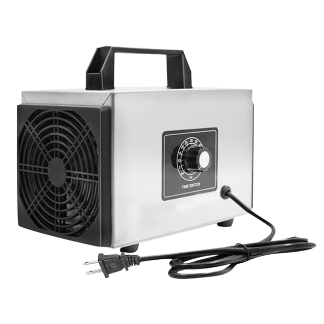 Amdohai Home Use Ozonator Machine Multi-Functional Air Purifier Odor Remover Industrial Portable Deodorizer for Vehicle/Workshop/Shed/Bathroom. The device features a stainless steel case, a built-in electrical fan for cooling, and a timing switch for operational control. It is compact, portable, and designed for household and industrial use, with a power consumption of 120W and a noise level of ≤30dB. The front panel includes a dial timer, and the unit is equipped with a skid-resistant base and a power cord. Suitable for eliminating odors, freshening air, and removing harmful microorganisms in spaces like vehicles, bathrooms, and workshops.