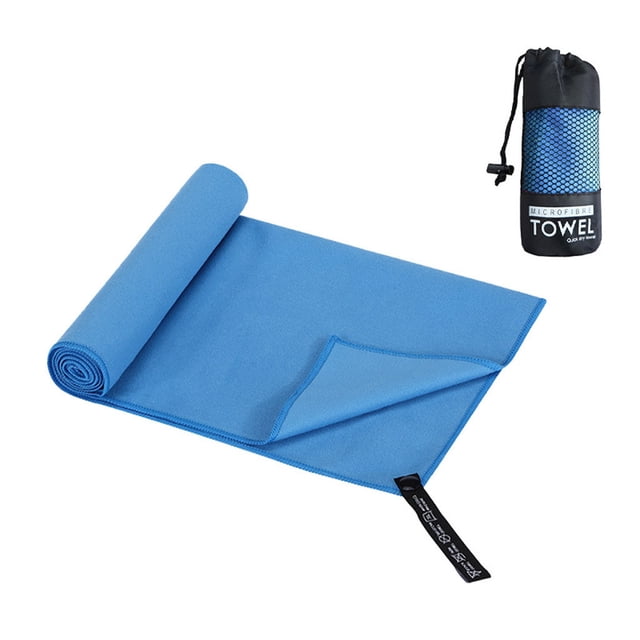 Fridja Serviette en Microfibre à Séchage Rapide pour Voyage et Camping en Plein Air, Bleu, Mesurant 80x40 cm, Montrée Déployée avec une texture Douce et des Bords Cousus. Comprend un Sac de Rangement compact en Maille Noire avec Cordon de Serrage, Idéal pour la Plage, la Randonnée, la Natation et le Camping. Faite de 80 % polyester et 20 % nylon, Elle Est Légère, Antibactérienne et super Absorbante.