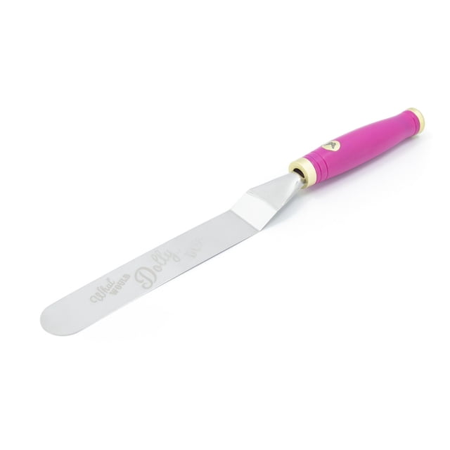 Dolly Parton Icing Spatula with an 8.50-inch flexible stainless steel offset blade and a pink handle with cream trim, designed for precise icing of cakes, cupcakes, and pastries, and suitable for filling icing bags cleanly.
