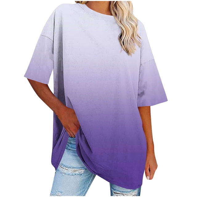 Kaemgyyd Womens Oversized T Shirts Half Sleeve Crewneck Gradient Summer Tops Casual Loose Plus Size Basic Tees
