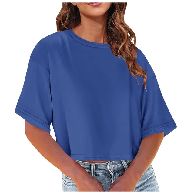Posijego T-Shirts d'Été pour Femmes, Hauts Courts, Unis, Manches Courtes, T-Shirt Basique, T-Shirts Décontractés Amples