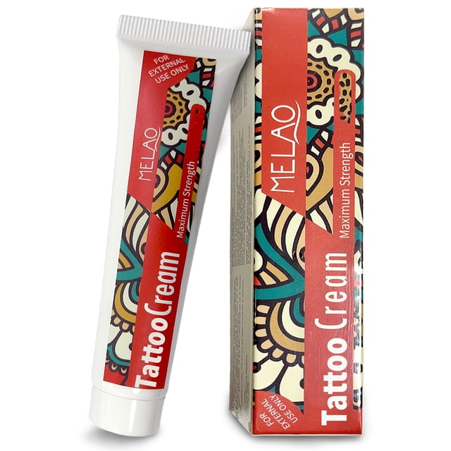 30g Tattoo Numbing Cream by Telanshare, ideal for fast-acting relief during tattooing or piercing and suitable for tattoo aftercare. The cream provides long-lasting effects up to 6 hours. The image features a white tube with bold red and patterned branding alongside its matching box.