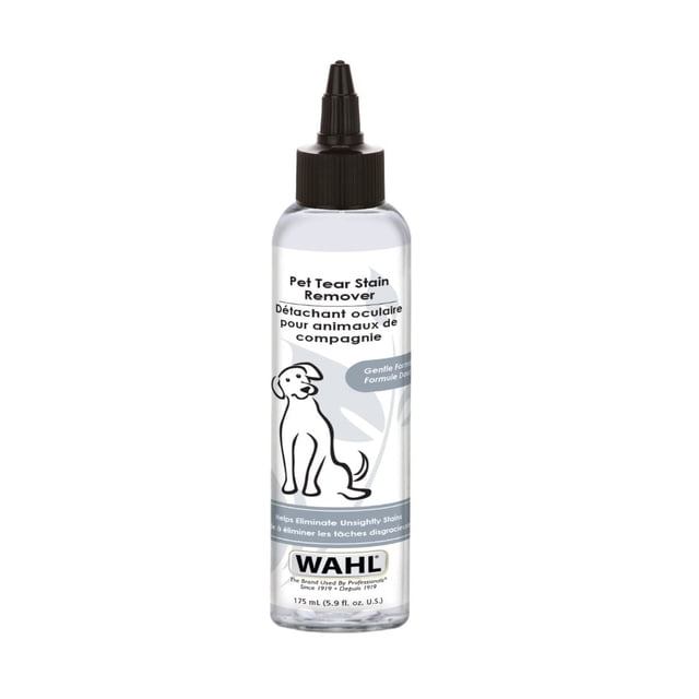 Wahl Dog Tear Stain Remover - 175 ml clear plastic bottle with black pointed cap, formulated for gentle cleaning of tear stains around dogs' eyes, labeled in English and French, ideal for dog eye care and removing unsightly stains, 5.9 fl oz