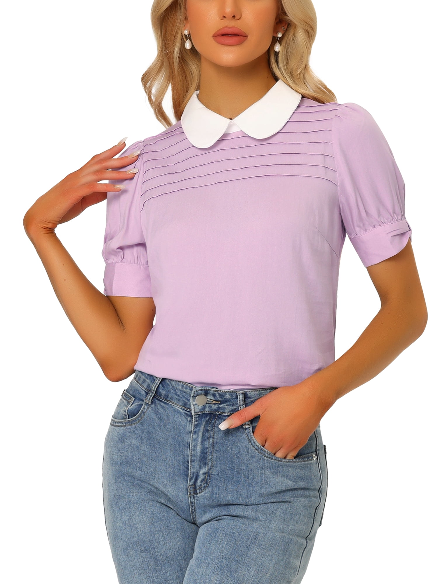INSPIRE CHIC Blouse à Manches Courtes Bouffantes pour Femme à Col Peter Pan Violet Pâle S