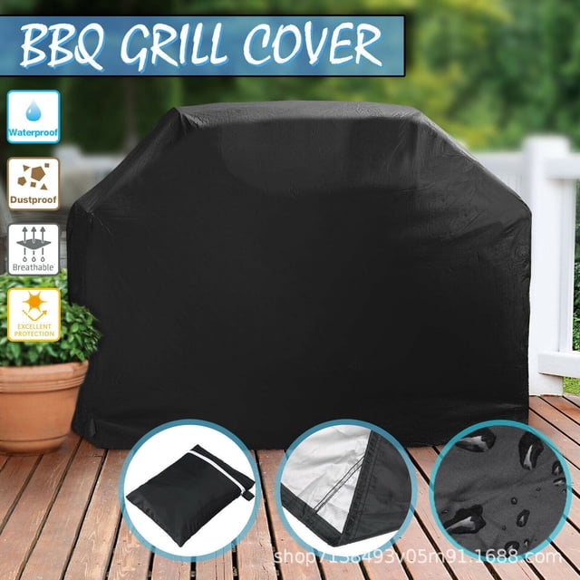 Riforla Housse de Gril BBQ Robuste pour Grils Extérieurs, Illustrée en Noir, en Matériau dacron durable. la Housse Est Résistante aux Intempéries, aux UV et à la Décoloration, et Conçue pour Protéger les Grils de la Pluie, du Soleil, de la Neige et d'Autres Dangers Extérieurs. les Caractéristiques Incluent des Sangles de Fixation Robustes pour un Ajustement Sécuritaire, Assurant Qu'elle Reste en place dans des conditions Ventées. l'Image Met en Valeur Ses Propriétés Imperméables et Antipoussière, avec des Vues Gros Plan de la texture du Tissu et