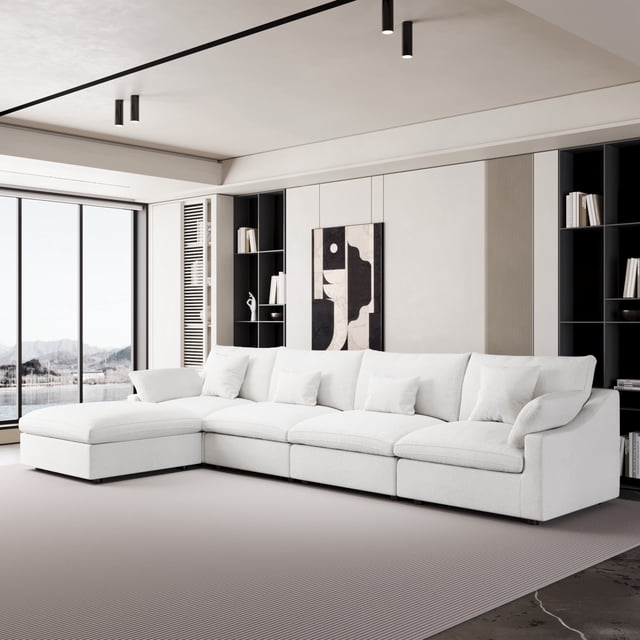 The Magic Home 155" 4-Seater Cloud Modular 155 L-Shaped Linen Sectional Sofa with Ottoman, White