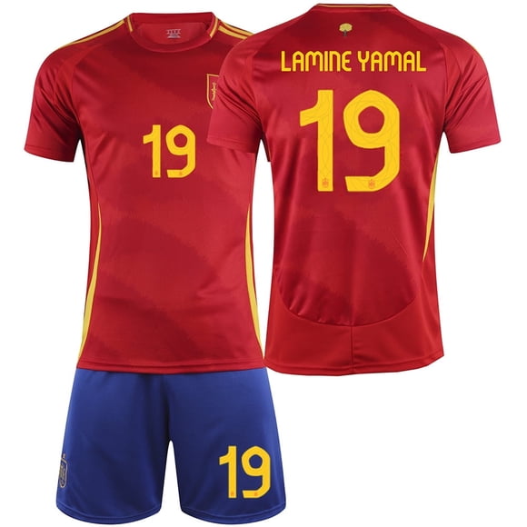 Mens/Kids 2024 European Cup Soccer Game Spain #19 Lamine Yamal Soccer Jerseys Kit Sports T-Shirt Red