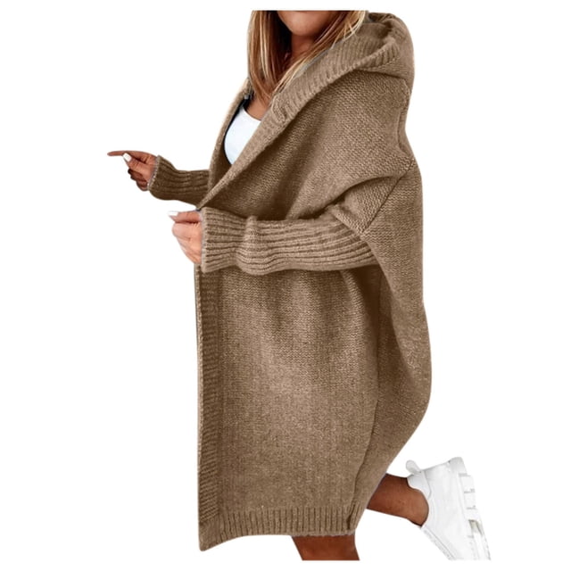Kcodviy Women's Solid Color Hooded Cardigan Plus Size Open Stitch Batwing Sleeve Open Cardigans for Women Plus Size Sweater Cardigan Coat