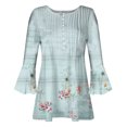 thumbnail image 4 of Pompotops Women's Casual Trumpet 3/4 Sleeve Printed Buttoned Basic Ruched Tops Pleated T-shirts Blouses On Sale, 4 of 5