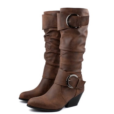 Amzcrzy Bottes Mi-Mollet pour Femmes Bottes Hautes en Cuir Talons Épais Talons Hauts Boucles de Ceinture Bottes pour Femmes Bottes de Cavalier à la Mode Bottes pour Femmes Chaussures pour Femmes Bottes pour Femmes Bottes pour Dames
