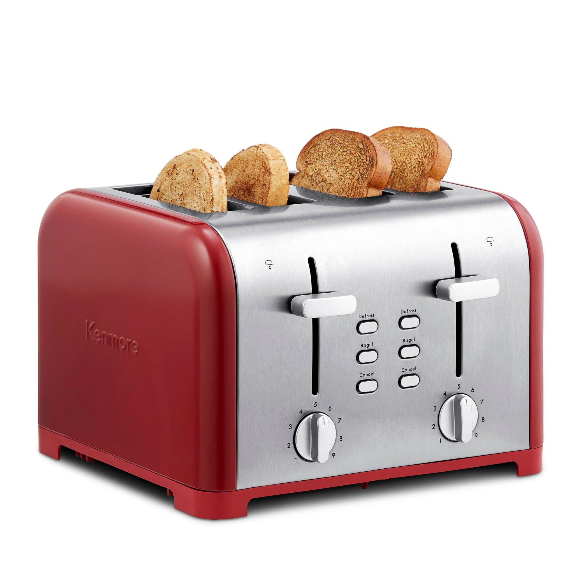 Kenmore Grille-pain 4 tranches en acier inoxydable, commandes doubles, fentes extra larges, 9 niveaux de brunissage, pour muffins anglais et plus