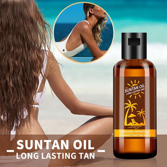 PVCS Tanning Oil Tanning Oil Beach Tanning Skin Healthy And Beautiful 30ml. The image shows a 30ml amber bottle of tanning oil with a tropical-themed label featuring a palm tree and sun icon. The product is designed for achieving a natural bronze tan and includes ingredients like linseed oil, olive fruit oil, coconut oil, almond oil, grape seed oil, and vitamin E. A woman in a white swimsuit is seen sunbathing on a beach in the background, emphasizing the product's use for outdoor tanning. Suitable for maintaining a healthy and attractive skin tone.