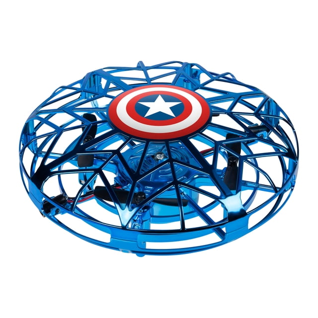 Marvel Captain America Drone à Détection de Mouvement (Intelli Sense), un Hélicoptère RC Circulaire Bleu avec un design de Bouclier Captain America. Doté d'Une Technologie Avancée de Capteur Infrarouge de Vol Stationnaire pour un Contrôle Mains Libres, une construction durable et Légère, et une Recharge USB. Idéal pour le Vol Intérieur et le Développement de la coordination Oeil-Main.