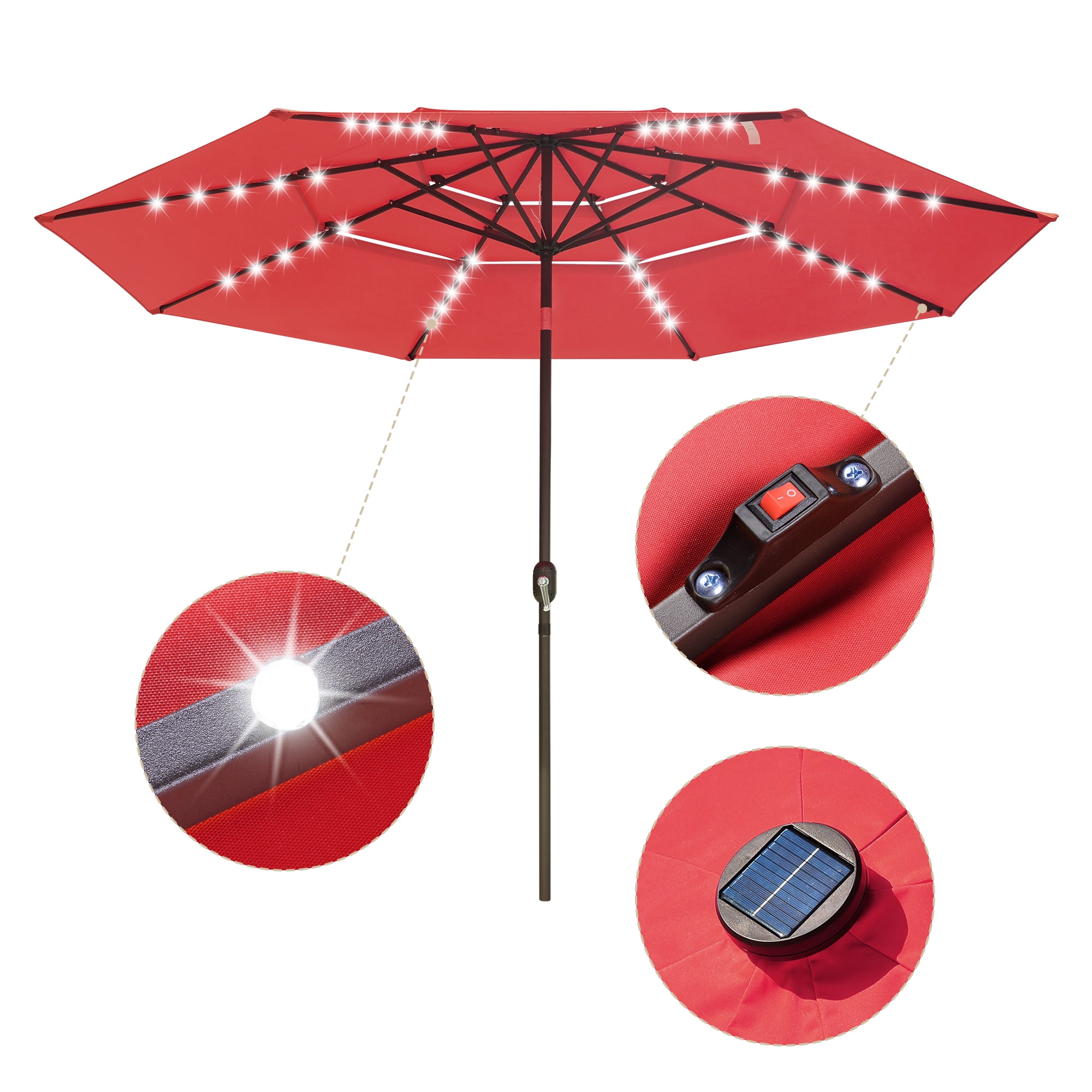 Yescom Parasol de Patio 11 Pi à 3 Niveaux avec Manivelle à DEL Solaires, Inclinaison, Bouton, Cour et Maison