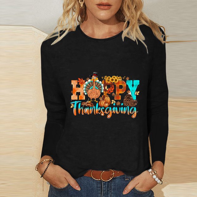 Aboser T-Shirts de Fête d'Action de Grâce pour Femmes Mode Citrouille Graphiques Grandes Tailles Automne Manches Longues T-shirt Doux Col Rond Blouses 2024