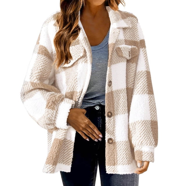 Timegard Womens Jacket Plus Size Plaid Stand Collar Button down Fleece Hooded Jacket Winter Fuzzy Warm Coat