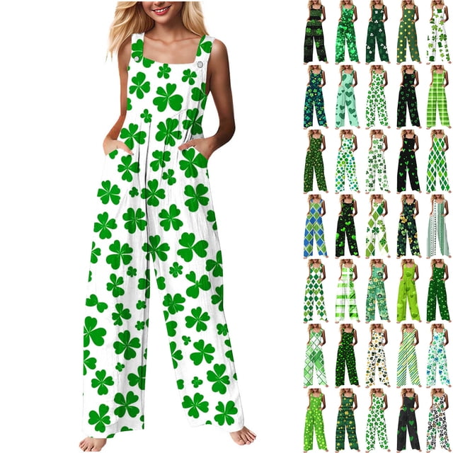 QATAINLAV Combinaisons de la Saint-Patrick pour Femmes en Coton et Lin, Combinaisons Détente Confortables, Salopettes Tendance à Imprimé Trèfle avec Poches, Vert P Rabais de 90 % Liquidation