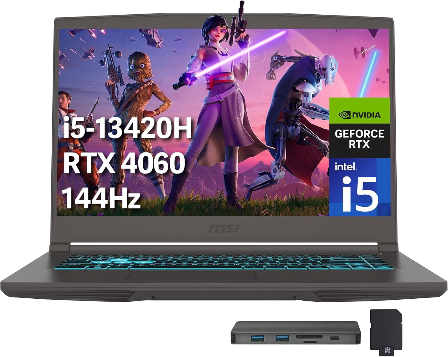MSI Thin 15 15,6 Pouces FHD 144Hz Ordinateur Portable de Jeu, Intel i5-13420H, 32 Go RAM, 1 To PCIe SSD, NVIDIA GeForce RTX 4060, Clavier Rétroéclairé, Wi-Fi 6E, Windows 11, Gris, Station d'Accueil 256 Go