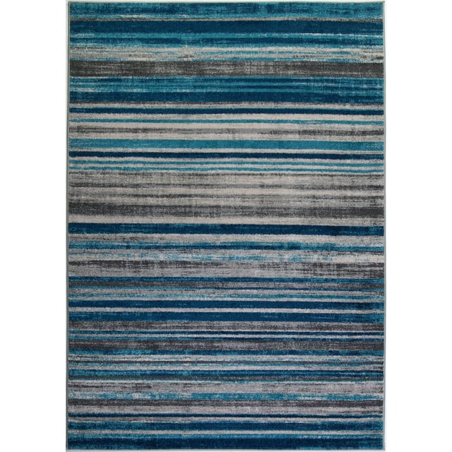 Kensington Stripes Abstract Pattern Area Rug Carpet in Blue Ivory, 7x10 (6'5" x 9'5", 200cm x 290cm). This machine-made polypropylene rug features a textured abstract striped design in shades of blue and ivory. Ideal for kitchens or living spaces, it resists shedding, staining, mold, and mildew, and is easy to clean with spot cleaning or vacuuming. Suitable for floor heating and anti-static properties.