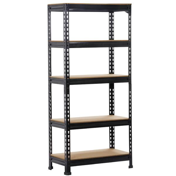 Yaheetech Black Adjustable 5-Shelf Shelving Unit Storage Rack Utility Rack Garage Shelves Display Rack Steel Boltless Rivet Rack, 59.1-inch height. This black metal-frame rack features five adjustable MDF shelves, each with a maximum weight capacity of 330 lb. The boltless design allows for easy assembly and customizable configurations. Suitable for garages, kitchens, offices, and workshops.