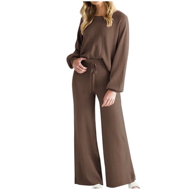 PEZHADA Économies d'Automne Femmes Ensemble 2 Pcs Survêtement Grande Taille Col Rond Manches Longues Chandail Taille Haute à Cordon Pantalon de Survêtement Jambe Grand Ensemble Détente Survêtement Café