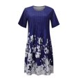 thumbnail image 3 of QJUHUNG Midi pour Femmes Été Décontracté Ample Bohème à Imprimé Floral Col Ras du Cou Manches Courtes Longueur Genou Robe Froncée avec Poches, 3 of 4