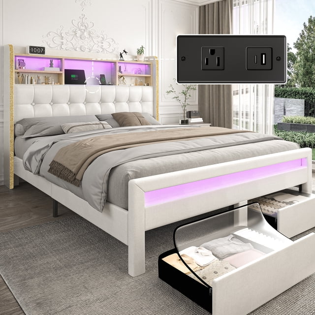 SIBEDS Bed Frame with Bookcase Storage Headboard and 2 Drawers Linen Cream Upholstered Tufted Wingback Beds, Queen