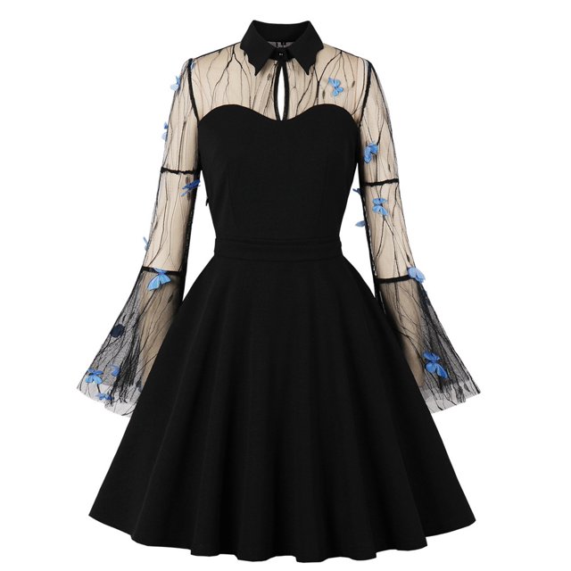 QTBIUQ Robe de Cocktail Évasée pour Femme à Manches Évasées, Col Rabattu, Boutons, en Maille Unie, Broderie Papillon, pour Fête