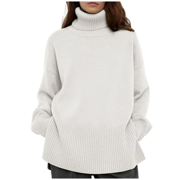 Rbaofujie Chandail pour Femmes Femmes Automne Hiver Couleur Unie Fente Tricot Ample Col Montant Hauts Hauts Manches Longues Chandail Blanc Chandails à Capuchon pour Ados