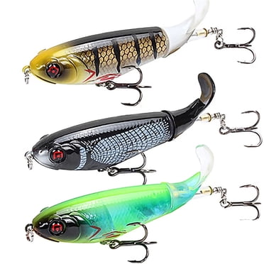 3 Pcs Leurre de Pêche de Surface Whopper Popper Artificiel Appât Dur Yeux 3D Plopper avec Queue Souple Rotative Équipement de Pêche