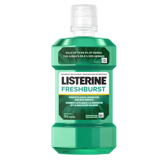 Listerine Fresh Burst Antiseptic Mouthwash, Essential Oils Menthol, Thymol, Eucalpytol, Plaque, Bad Breath, Gingivitis, 250 mL
