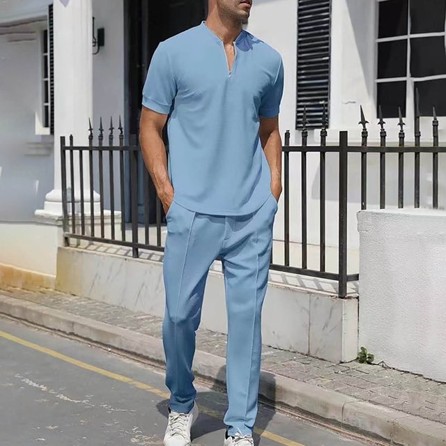 tumgatte Men's Leisure Sports Set Short Sleeve Knitting Split Solid Color Two-piece Round Neck Top Set Up to 45% off