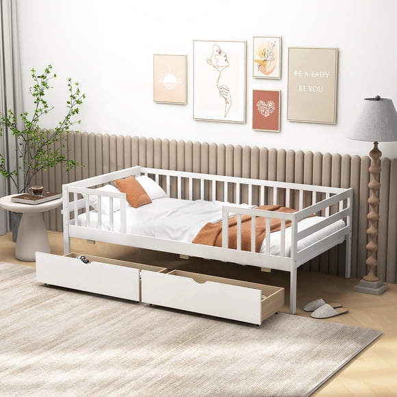 Gymax Lit pour Enfants Format Simple avec Rangement 2 Tiroirs Coulissants Tablette Latérale pour Enfants et Ados