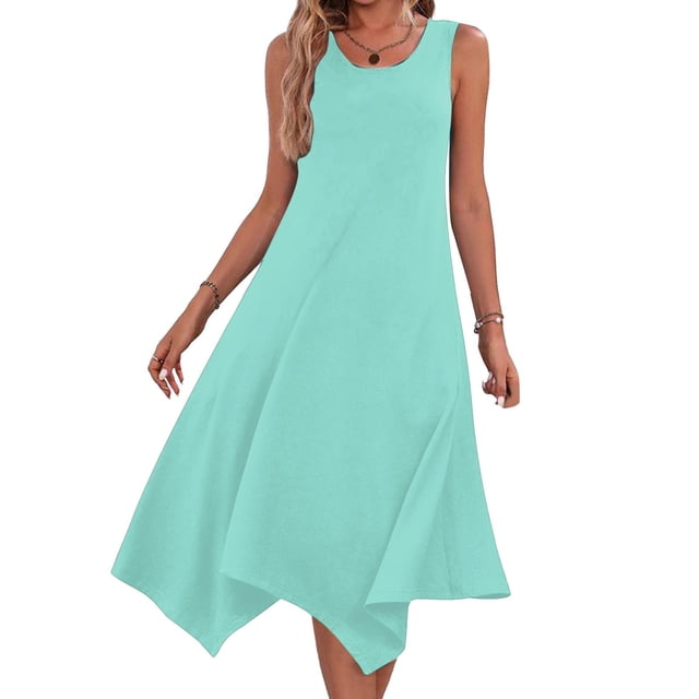 Summer Clearance 2025! Womens Plus Size Dress,Summer Dress Clearance for Womens,Womens Dresses Sleeveless Round Neck Drawstring Casual Ruffle A-Line Mini Dress