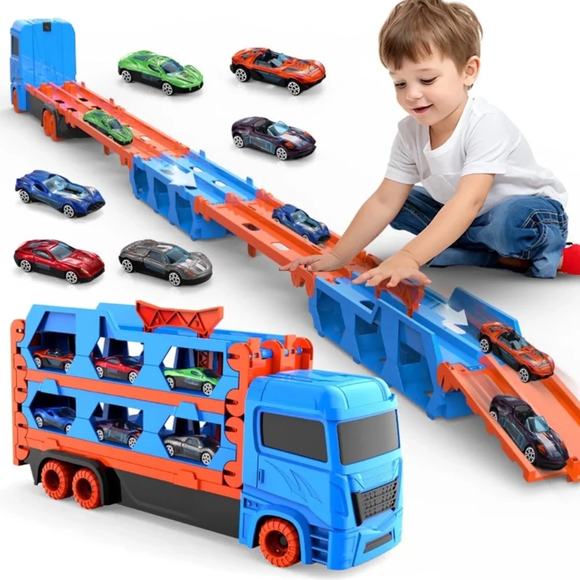 Funtogether Toys Ensemble de Jeu Véhicule Camion de Transport, Équipé de 6 Voitures en Métal et d'Une Piste de Course Double de 61 Pouces, Jouet de Jeu Interactif pour Enfants de 3 Ans et Plus, Bleu