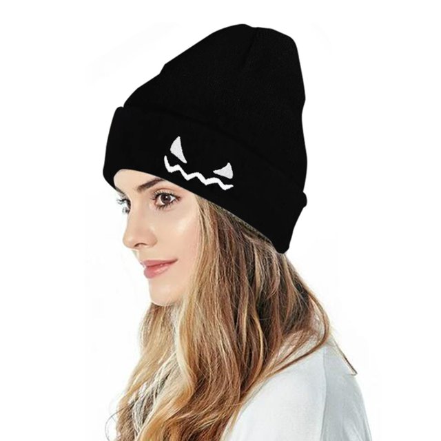 Unisex Knitted Hat Halloween Pumpkin Embroidery Funny Wool Pullover Hat