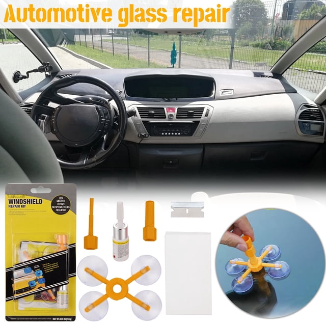 Vaidha Windshield Repair Kit for Cracks, a 4-piece automotive glass repair tool set with 3ml resin fluid, featuring an orange suction tool, resin applicator, razor blade, and a white card. Ideal for fixing chips and bulls-eye damage on laminated car windshields.